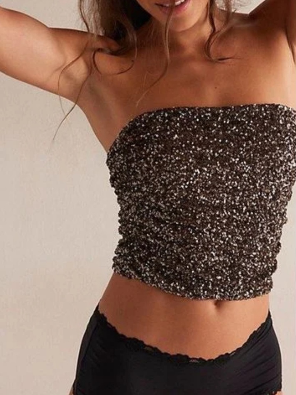 Free People Black Sequin Strapless Crop Top